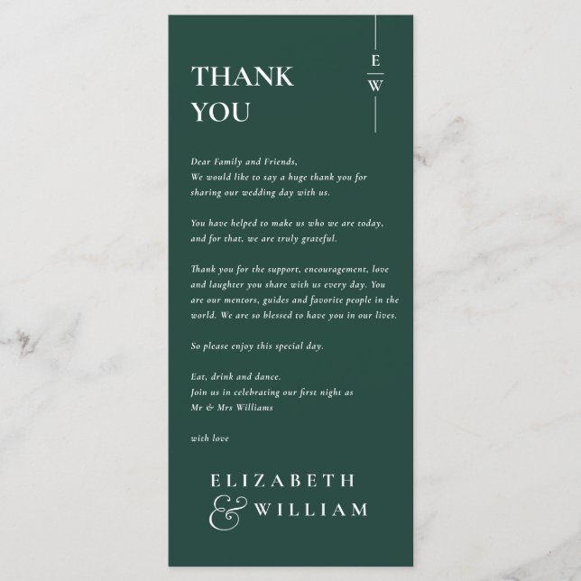 Emerald Green Monogram Wedding ThankYou Place Card (Front)