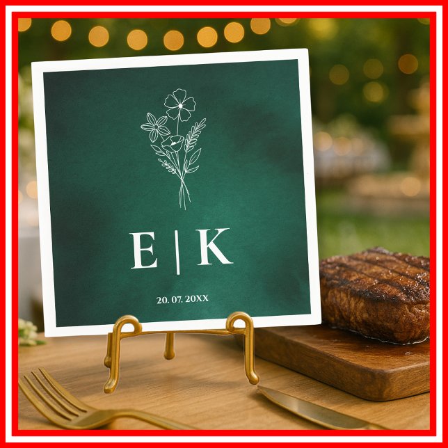 Emerald Green Monogram Wildflower Floral Wedding Napkin (Creator Uploaded)