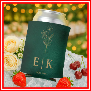 Emerald Green Monogram Wildflower Wedding Can Cooler