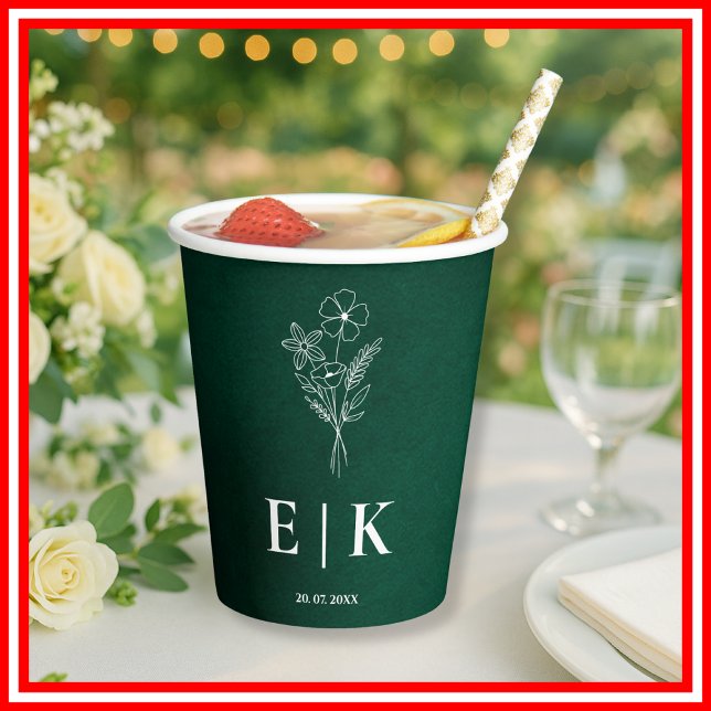 Emerald Green Monogram Wildflower Wedding Paper Cups (Creator Uploaded)
