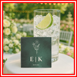 Emerald Green Monogram Wildflower Wedding Stone Coaster