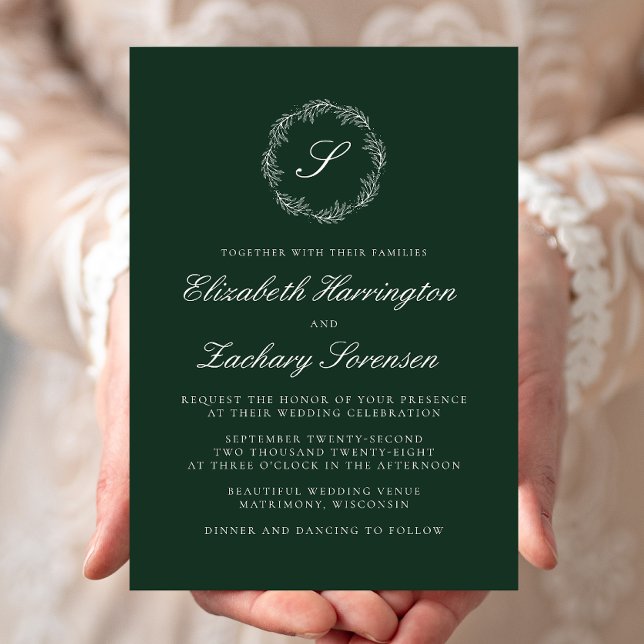 Emerald Green Monogram Wreath White Script Wedding Invitation (Creator Uploaded)