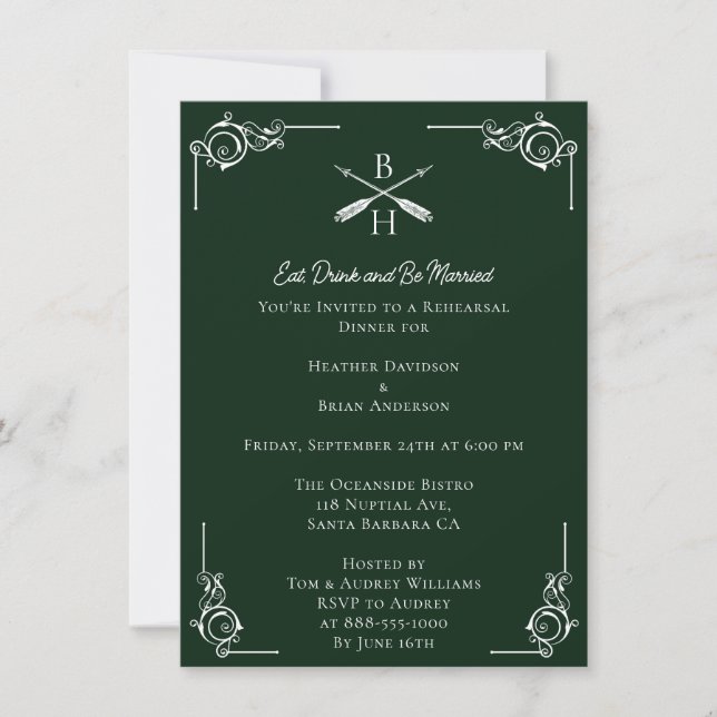 Emerald Green Monograms & Arrows Rehearsal Dinner Invitation (Front)