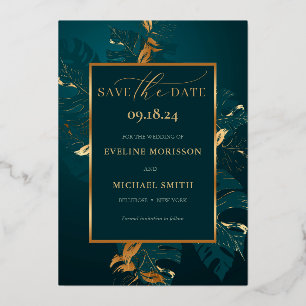 Emerald green monstera gold foil save the date