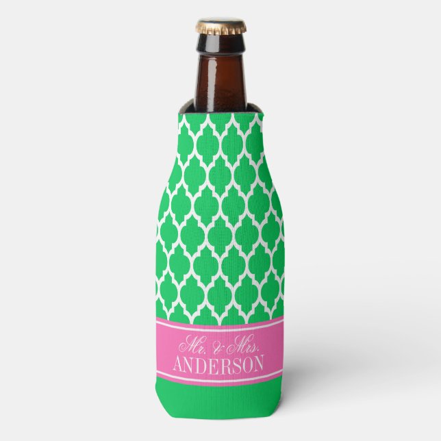 Emerald Green Moroccan #4 Hot Pink Name Wedding Bottle Cooler (Bottle Front)