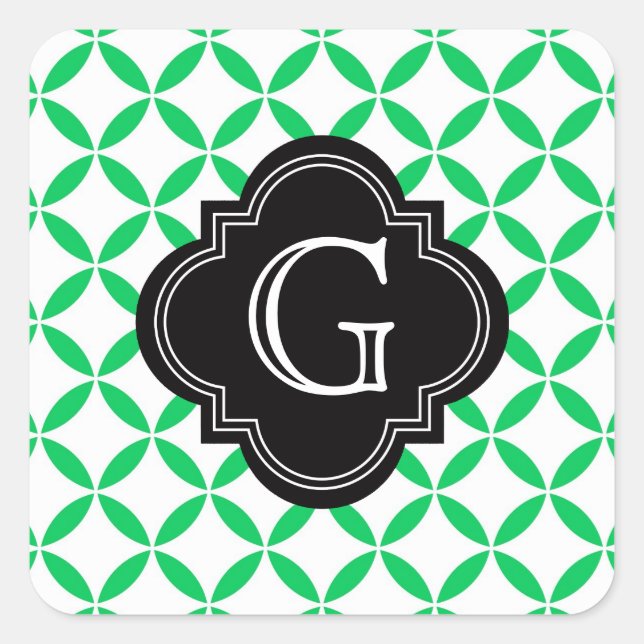 Emerald Green Moroccan Quatrefoil Monogram Black Square Sticker (Front)