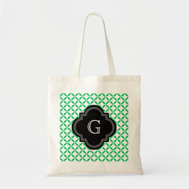 Emerald Green Moroccan Quatrefoil Monogram Black Tote Bag (Front)