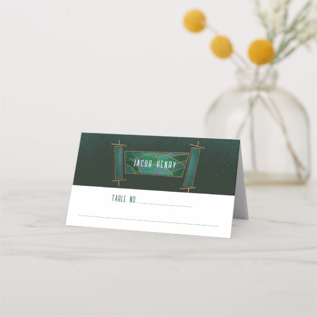 Emerald Green Mosaic Torah Scroll Bar/Bat Mitzvah Place Card (Front)