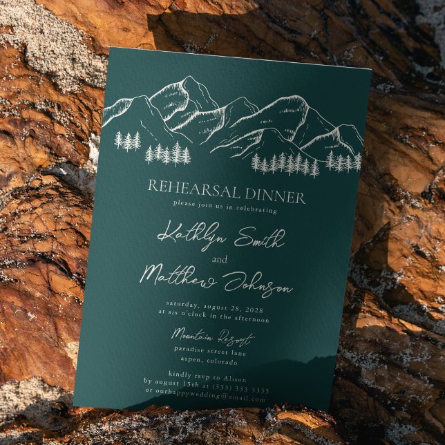 Emerald Green Mountain Pine Tree Rehearsal Dinner Invitation (Creator Uploaded)