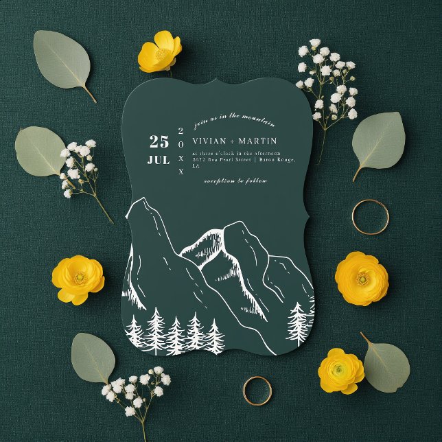 Emerald Green Mountains Pine Tree Outdoor Wedding Invitation (Creator Uploaded)