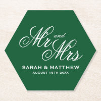 Emerald green Mr and Mrs hexagon wedding coasters