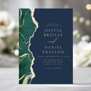 Emerald Green Navy Blue Agate Wedding Elegant Invitation