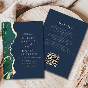 Emerald Green Navy Blue Agate Wedding QR Code Invitation