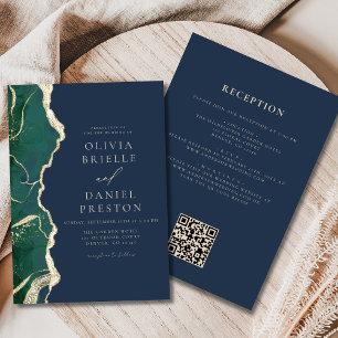 Emerald Green Navy Blue Agate Wedding QR Code Invitation