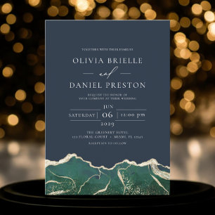 Emerald Green Navy Blue Gold Agate Wedding Invitation