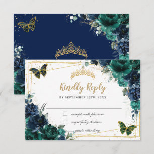 Emerald Green Navy Floral Butterflies Quinceañera RSVP Card