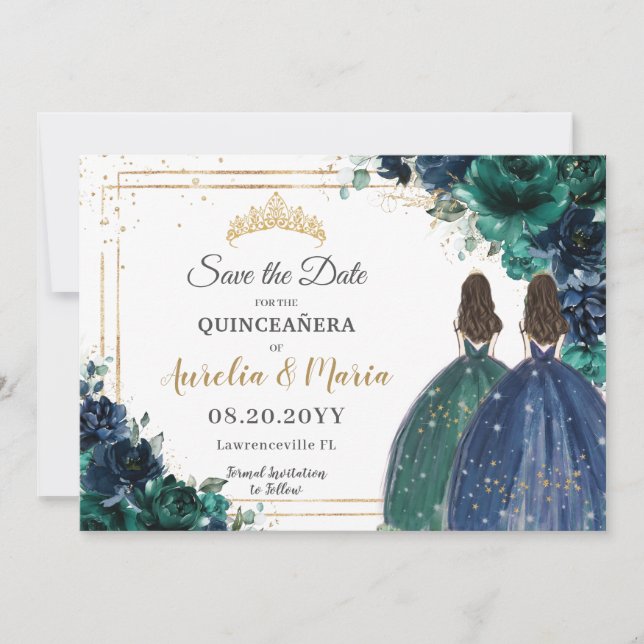 Emerald Green Navy Floral Princesses Quinceañera Save The Date (Front)