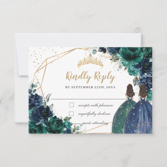 Emerald Green Navy Floral Twins Quinceañera Reply RSVP Card (Front)