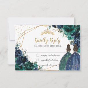 Emerald Green Navy Floral Twins Quinceañera Reply RSVP Card