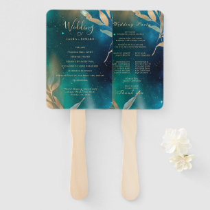 Emerald green nebula galaxy night sky golden foil  hand fan