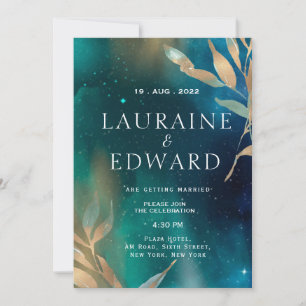 Emerald green nebula galaxy night sky golden foil invitation