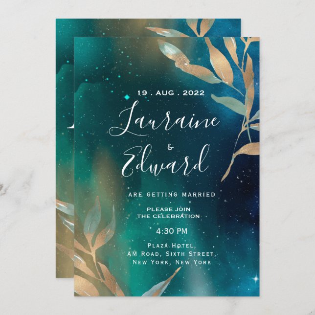 Emerald green nebula galaxy night sky golden foil  invitation (Front/Back)