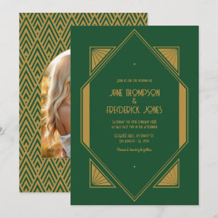 Emerald Green & Old Gold Art Deco Wedding Photo Invitation