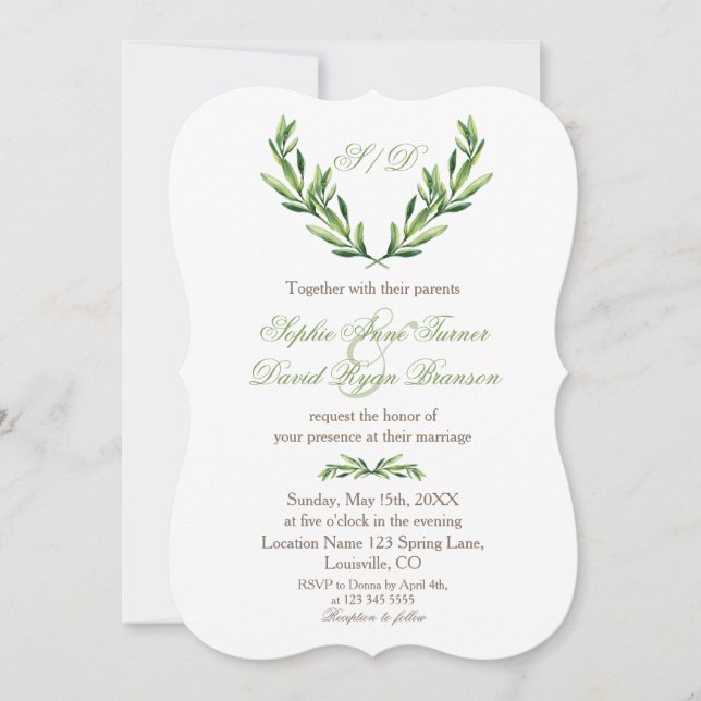Emerald Green Olive Wreath Monogram Wedding Invitation (Front)