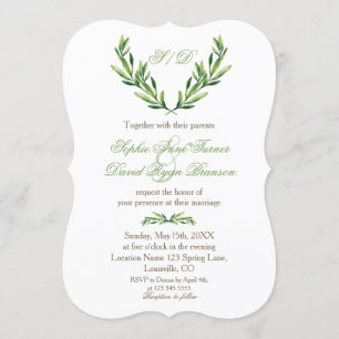 Emerald Green Olive Wreath Monogram Wedding Invitation
