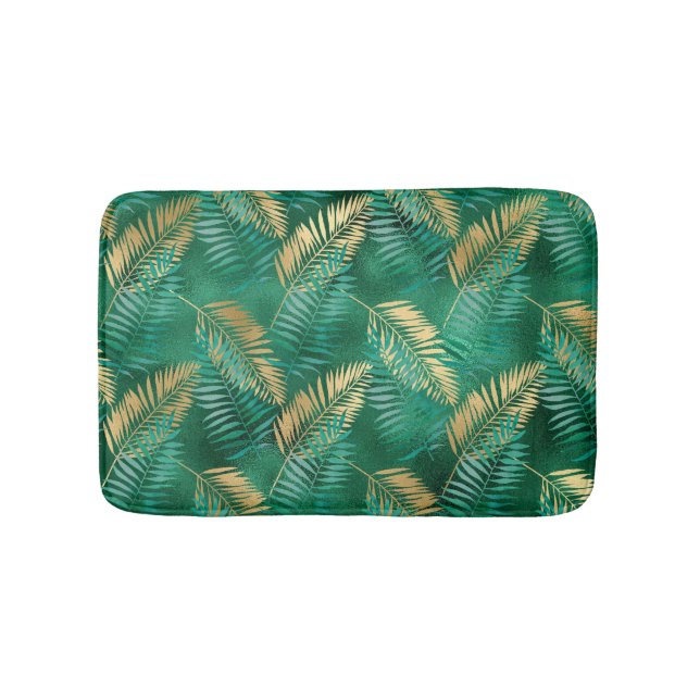 Emerald Green Palm Leaf Bright Golden Jungle Bath Mat (Front)