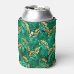 Emerald Green Palm Leaf Bright Golden Jungle Can Cooler