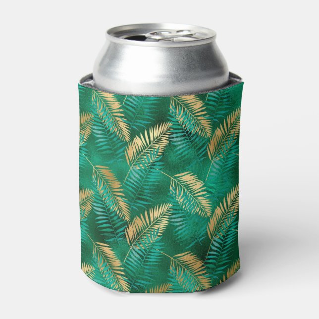 Emerald Green Palm Leaf Bright Golden Jungle Can Cooler (Can Front)