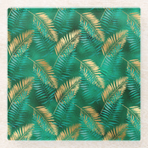 Emerald Green Palm Leaf Bright Golden Jungle Glass Coaster