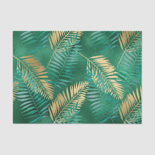 Emerald Green Palm Leaf Bright Golden Jungle Tissue Paper (Front)