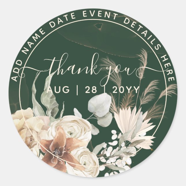 Emerald Green Pampas Grass Thank You Favour Classic Round Sticker (Front)