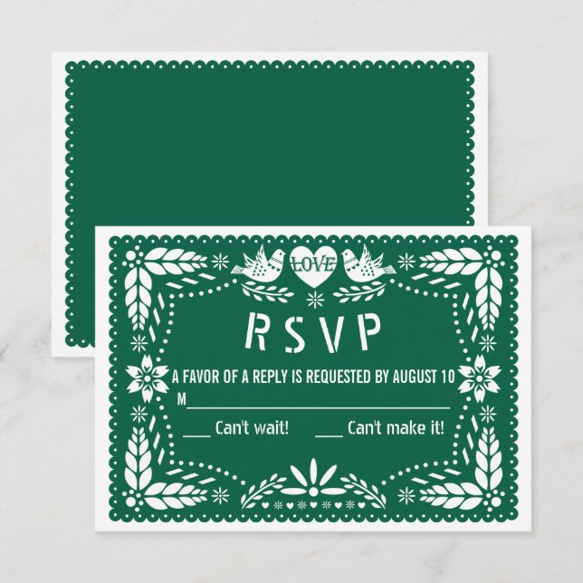 Emerald green papel picado love bird wedding RSVP card (Front/Back)