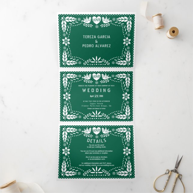 Emerald Green papel picado love birds wedding Tri-Fold Invitation (Inside)