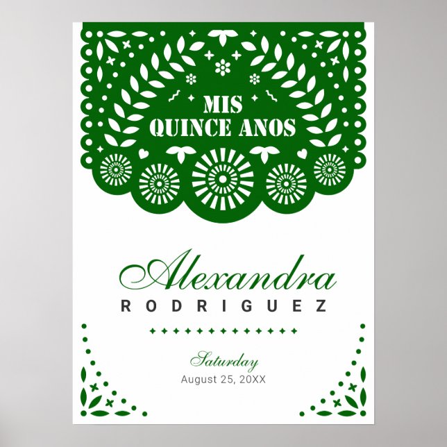 Emerald Green Papel Picado Mis Quince Años Poster (Front)