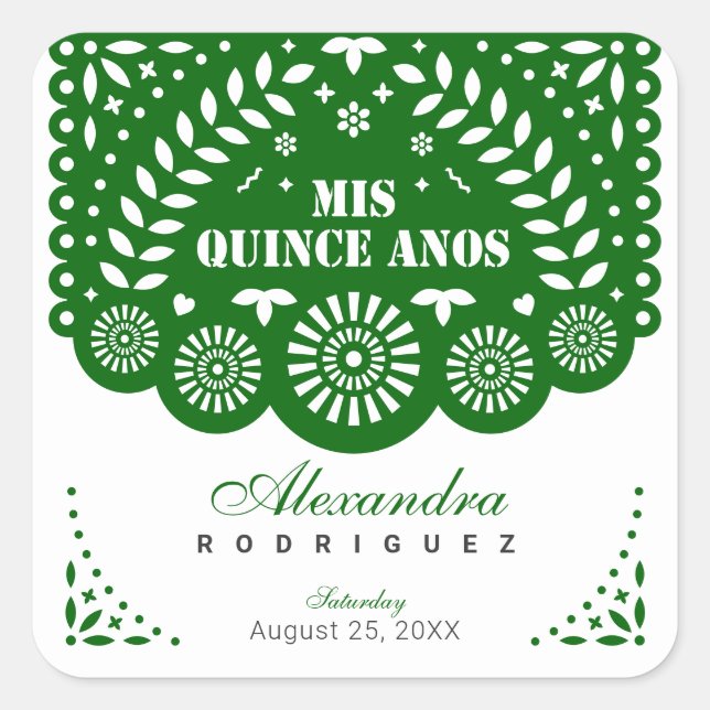 Emerald Green Papel Picado Mis Quince Años Square Sticker (Front)