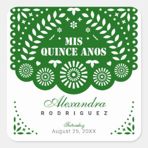Emerald Green Papel Picado Mis Quince Años Square Sticker