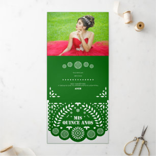 Emerald Green Papel Picado Mis Quince Años Tri-Fold Invitation