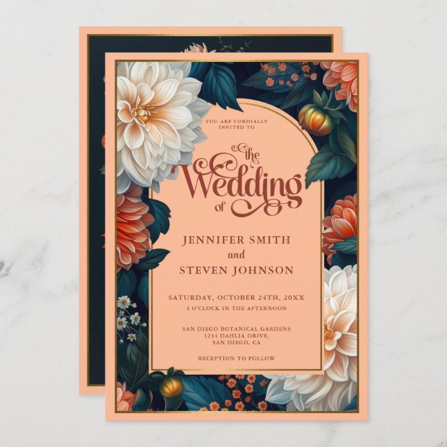 Emerald Green Pastel Peach Dahlia Autumn Wedding Invitation (Front/Back)