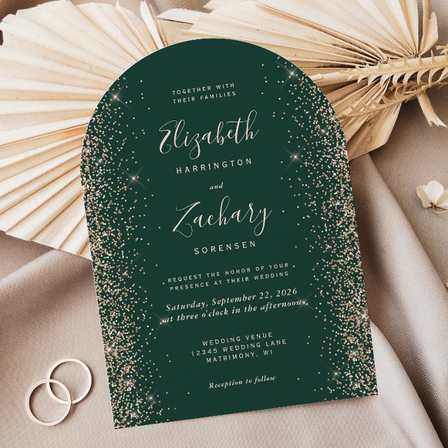 Emerald Green Peach Glitter Arch Wedding Invitation (Creator Uploaded)