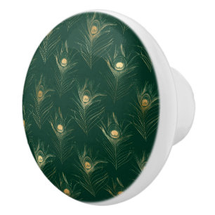 EMERALD GREEN PEACOCK FEATHER CUSTOM CERAMIC KNOB