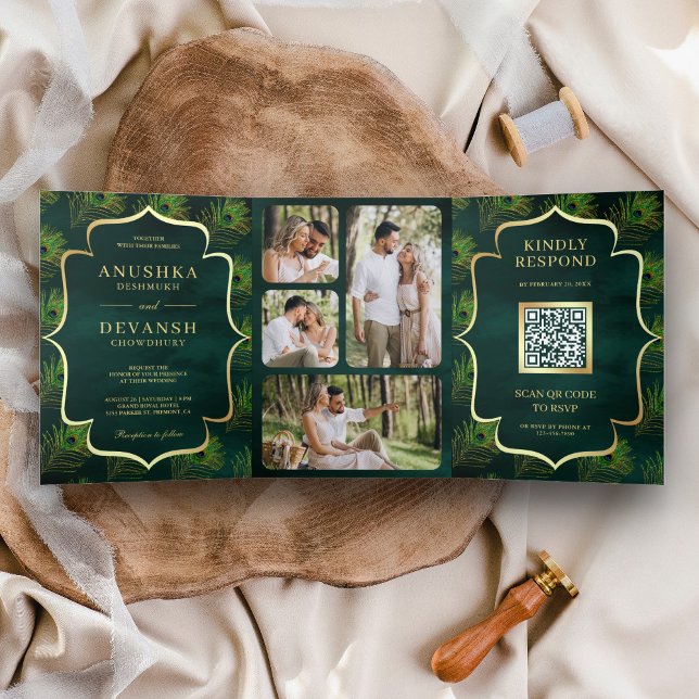Emerald Green Peacock Feathers QR Code Wedding Tri-Fold Invitation (Creator Uploaded)