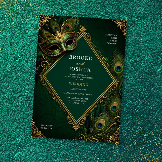 Emerald Green Peacock Masquerade Luxury Wedding Invitation (Creator Uploaded)