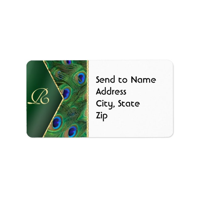 Emerald Green Peacock Monogram Address Label (Front)