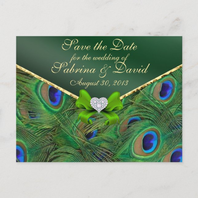 Emerald Green Peacock Save the Date Postcard (Front)