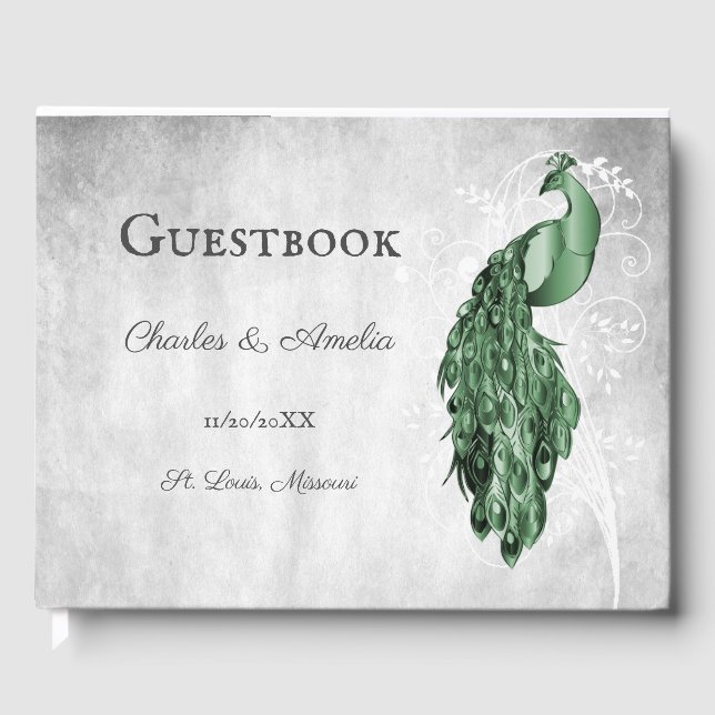 Emerald Green Peacock Wedding Guest Book (Front)