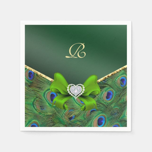 Emerald Green Peacock Wedding Paper Party Napkins (Front)
